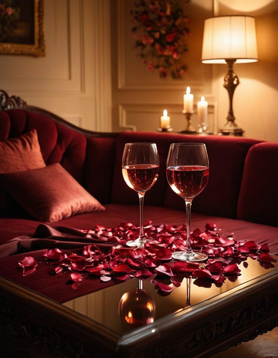 A beautifully composed scene depicting a serene, intimate setting with soft candlelight and rich fabrics, inviting the viewer to experience the essence of sensuality. Include elements like delicate rose petals scattered across a plush chaise lounge, and a glass of red wine resting on a small ornate table, evoking a sense of warmth and allure. Incorporate gentle shadows and soft textures to enhance the mood of exploration and pleasure. super-realistic. warm tones. soft lighting.